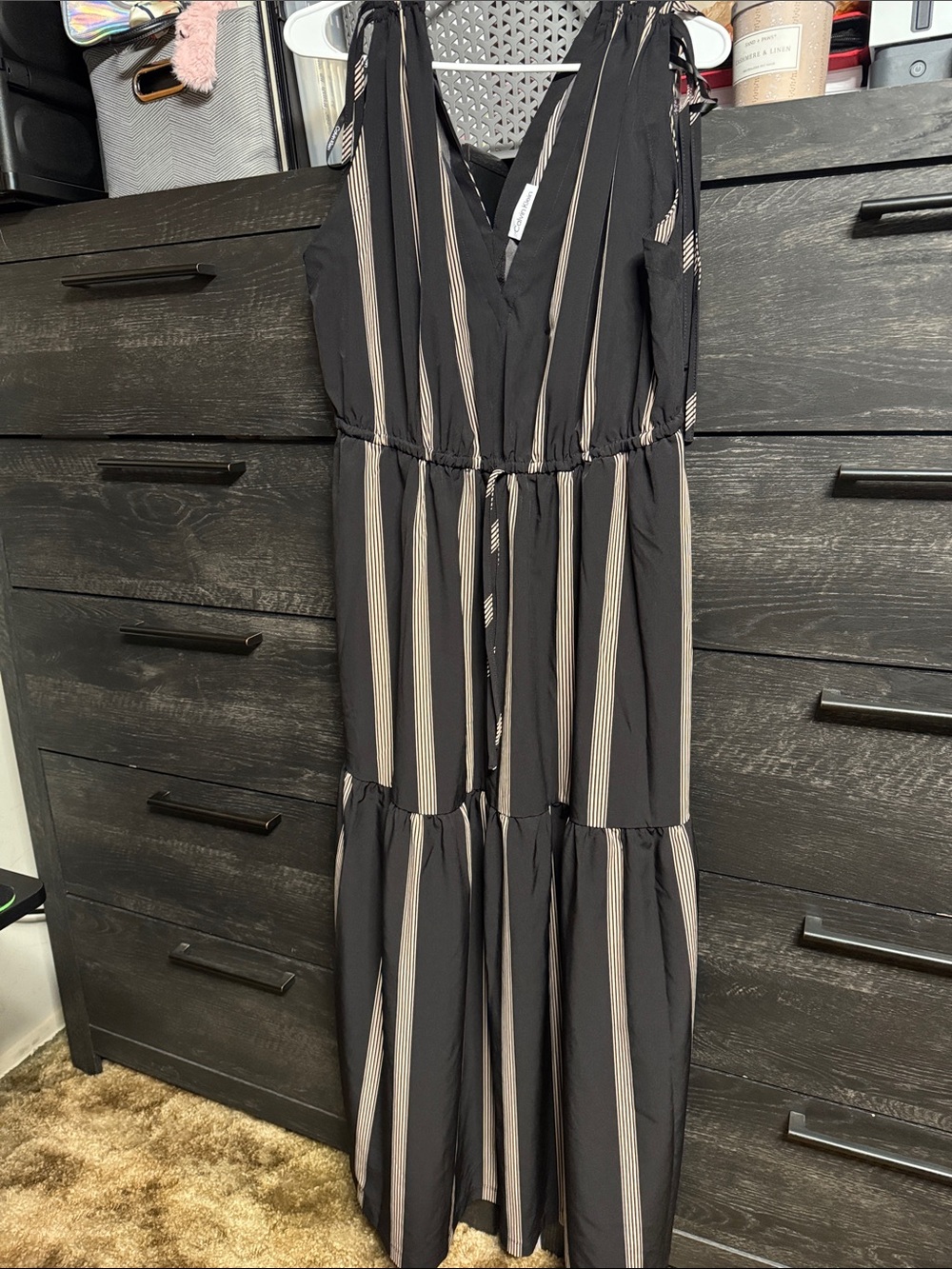 Calvin Klein Black Maxi Dress with Beige Vertical Stripes